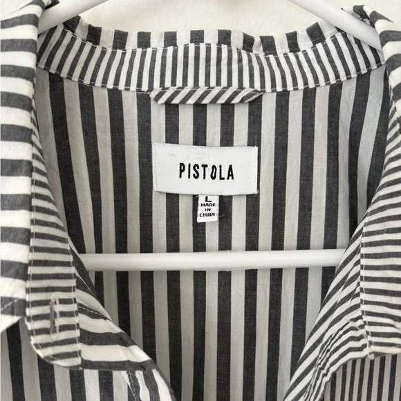 Pistola Millie Long Sleeve Button Down Shirt in Noir Ecru Stripe Size Large - Picture 5 of 7